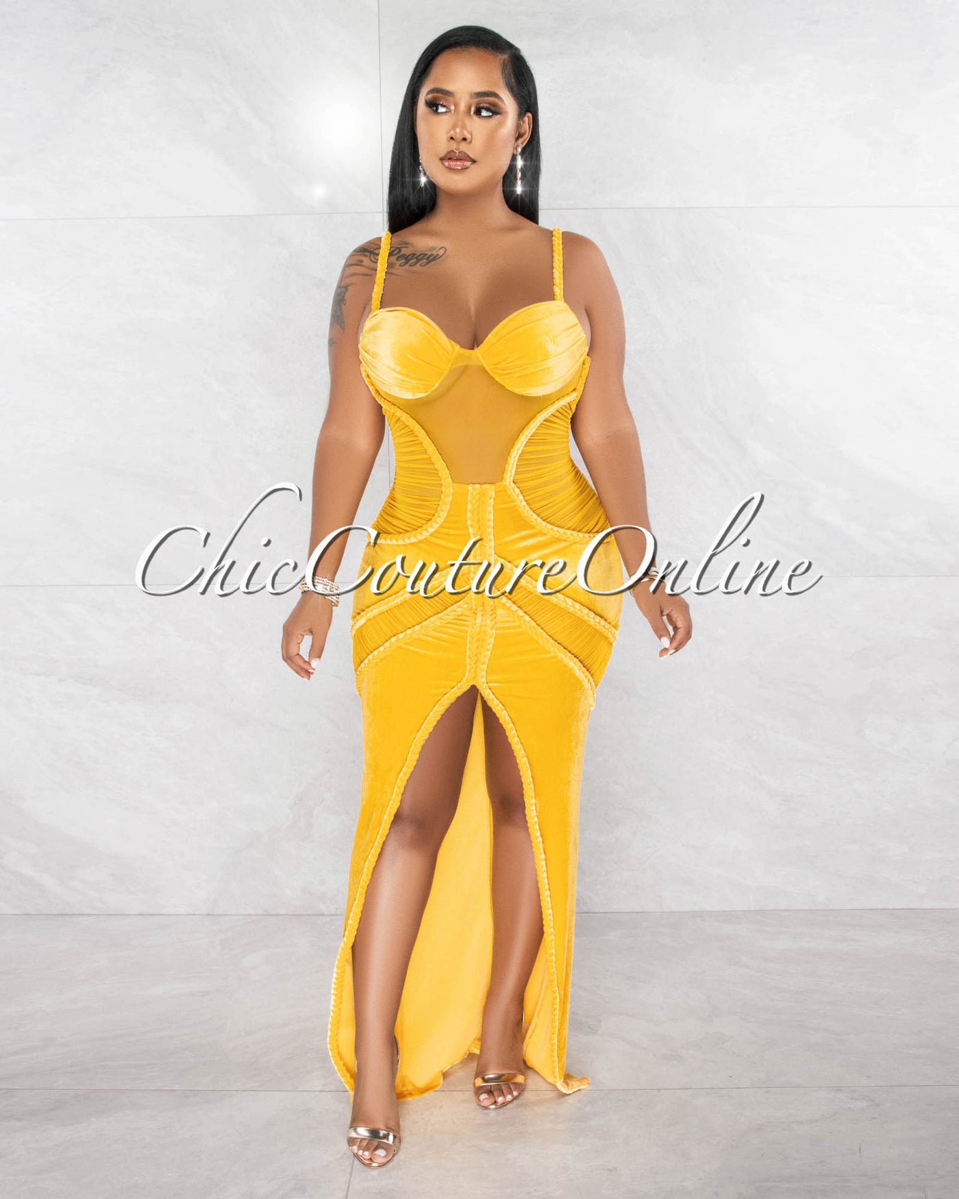 Eliam Yellow Velvet Mesh & Braids Details Front Slit Maxi Dress