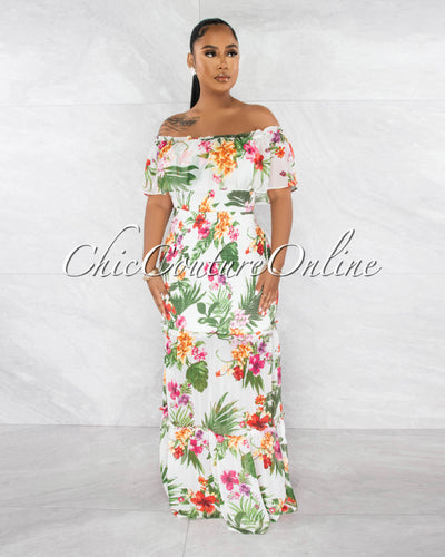 Gilly White Floral Print Smocked Ruffle Maxi Dress