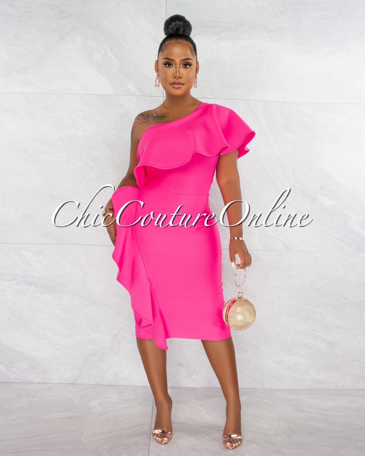 Annette Hot Pink Single Shoulder Ruffle Bandage Midi Dress