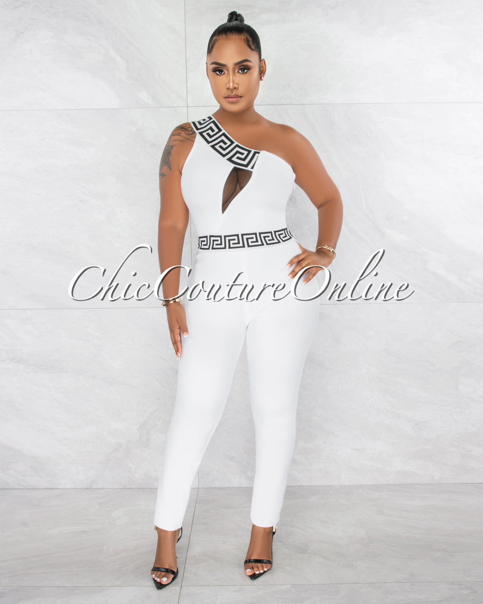 *Linnea Off-White Black Fret Trim Single Shoulder Bandage Jumpsuit