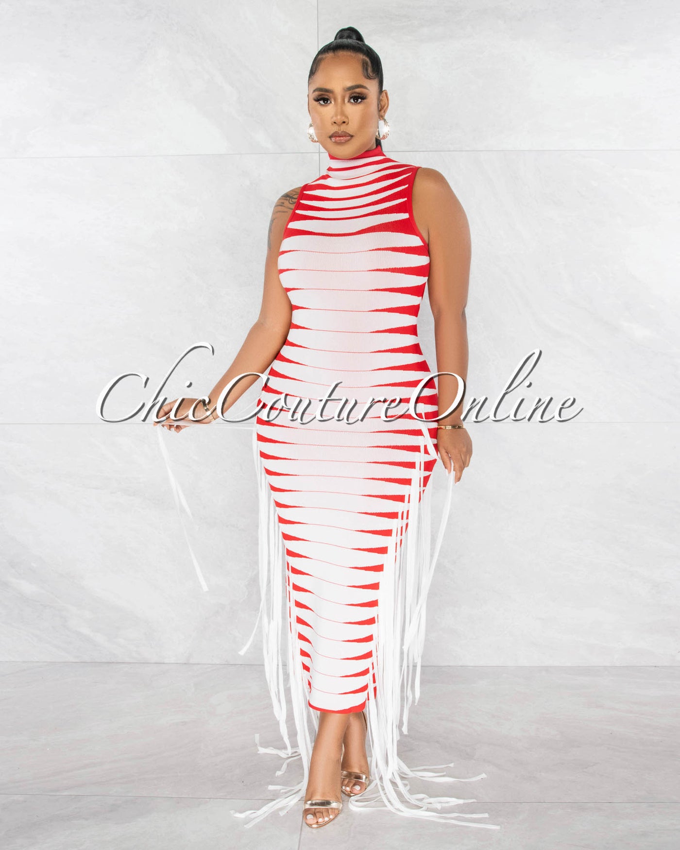 Chasia Red White Stripes Fringe Sides Bandage Midii Dress