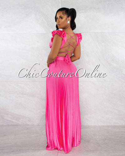 Elaine Pink Ruffle Lace-Up Back Pleated Silky Maxi Dress