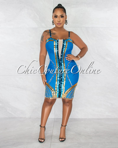 *Patrina Blue Multi-Color Rhinestones Bandage Dress