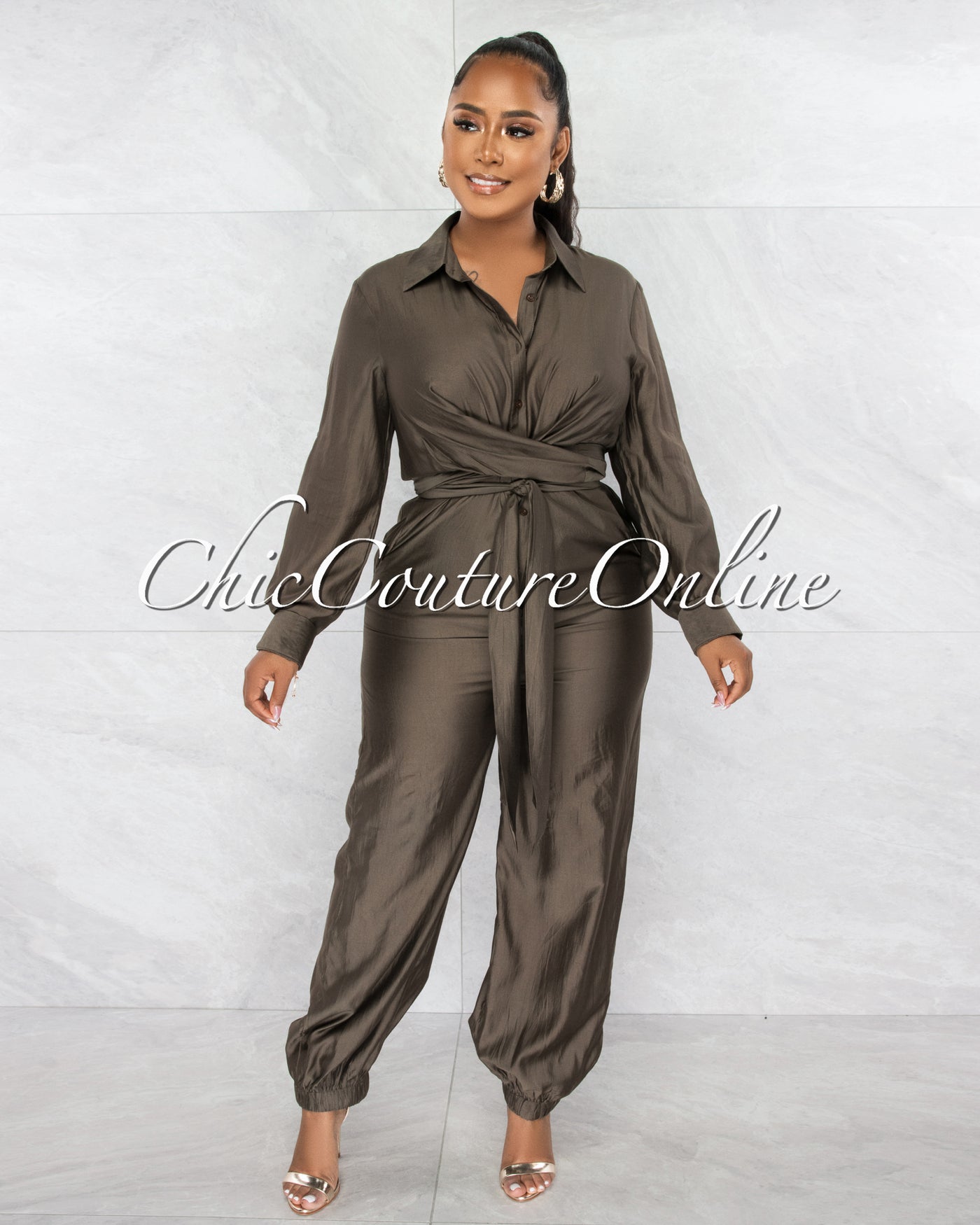 *Yamilla Olive Green Front Tie Utility Jumpsuit
