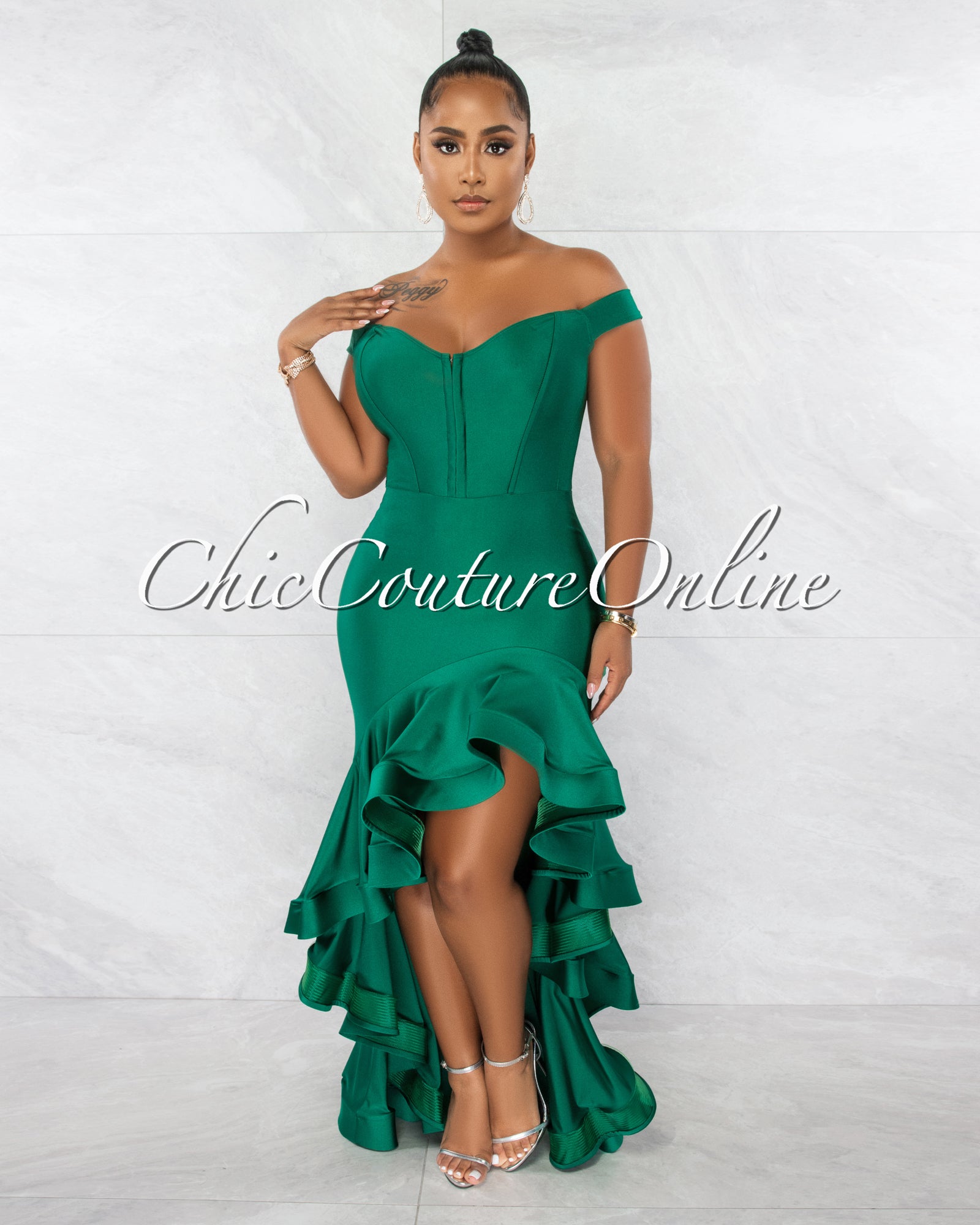 Dexter Green Corset Style Ruffle Statement Hi-Lo Gown – Chic Couture Online