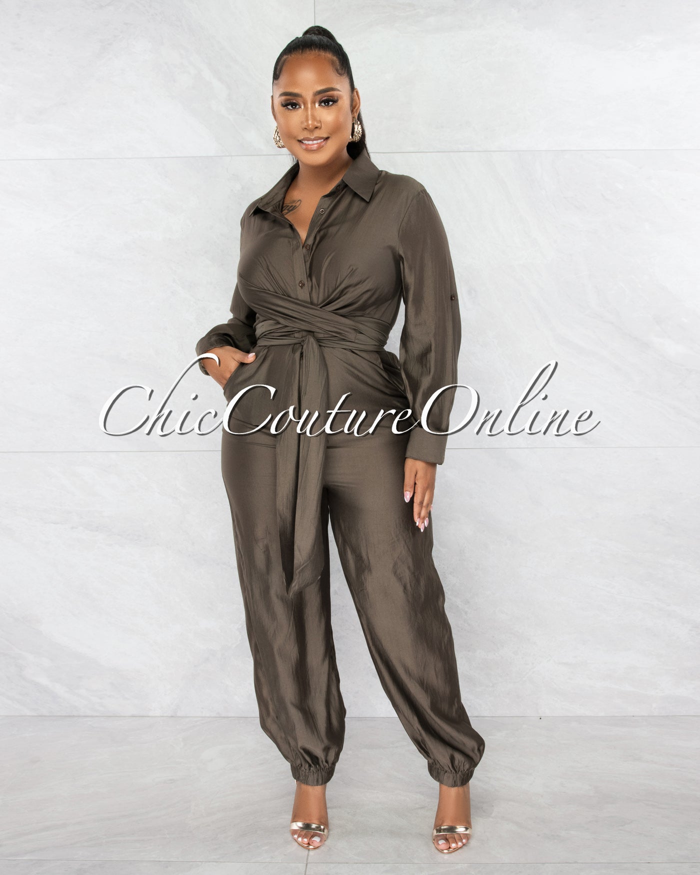 *Yamilla Olive Green Front Tie Utility Jumpsuit