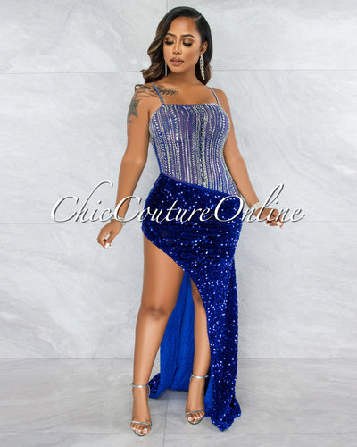*Castro Royal Blue Rhinestones Sequins Maxi Dress
