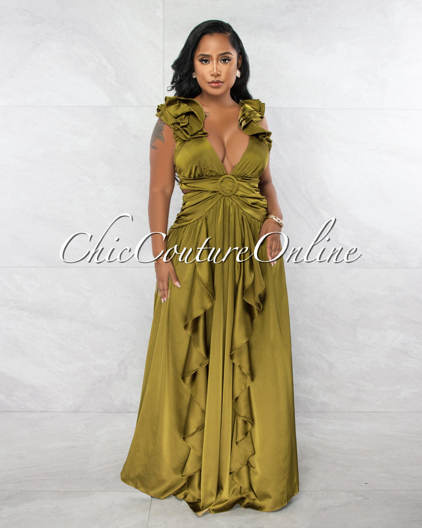 Noriah Olive Green Ruffle O-Ring Detail Silky Maxi Dress