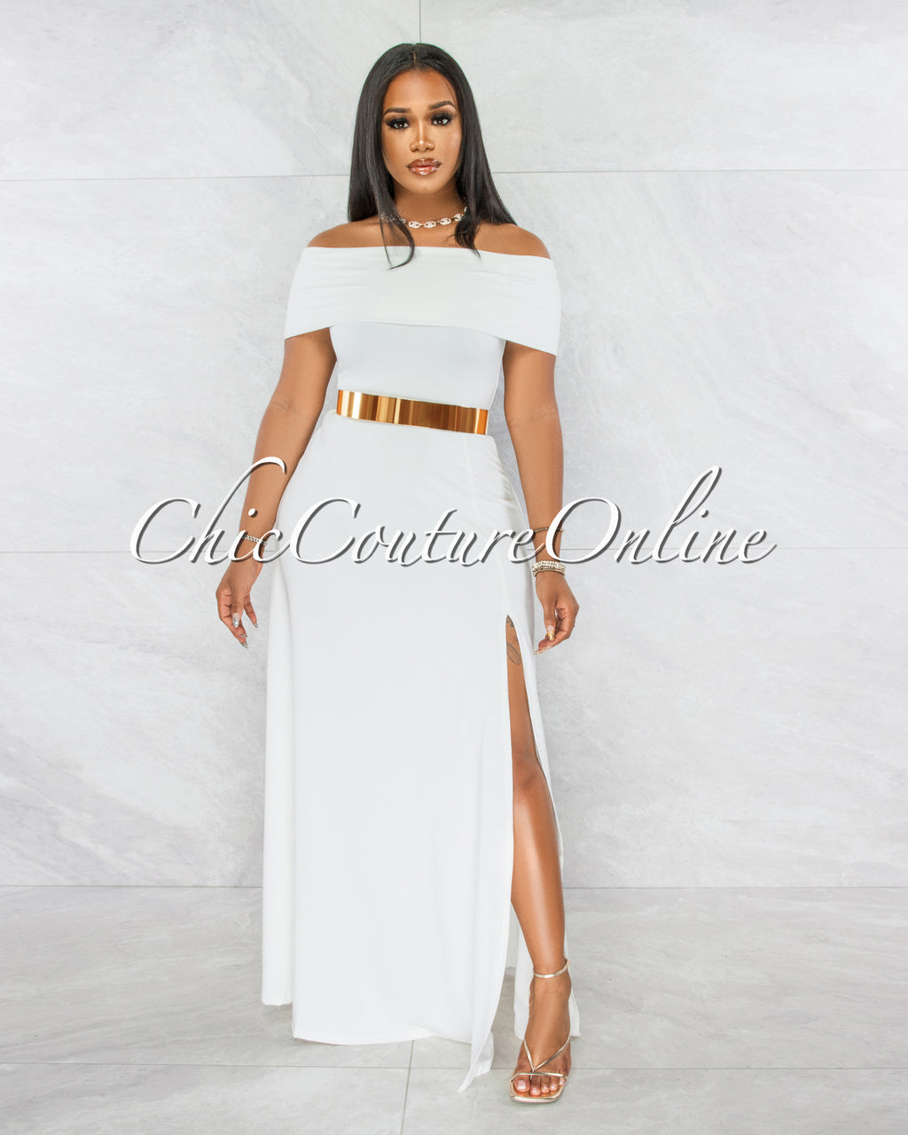 Brielle Off-White Off-The Shoulder Side Slit Maxi Dress