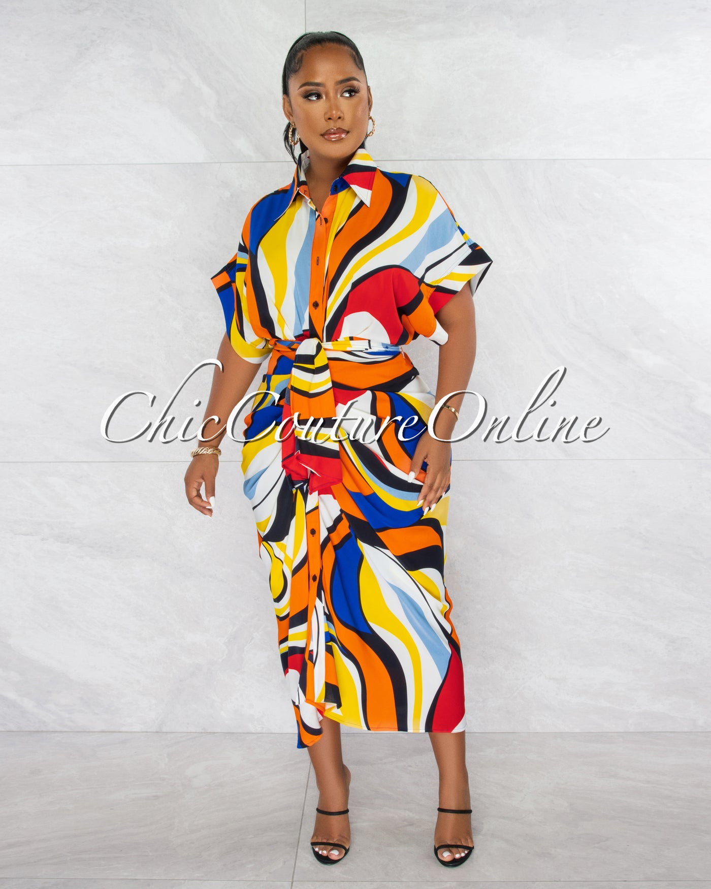 Angelie Multi-Color Print Draped Front Tie Shirt Maxi Dress