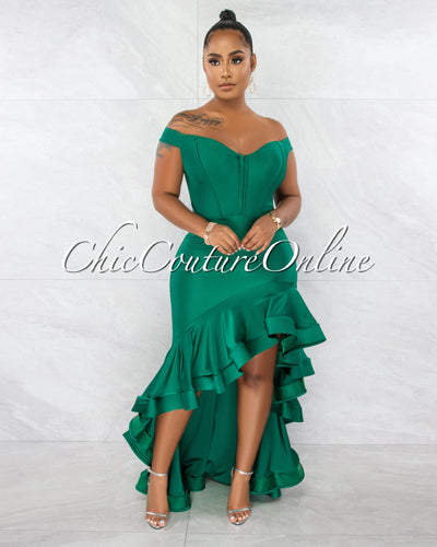 Dexter Green Corset Style Ruffle Statement Hi-Lo Gown