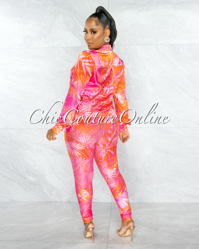 Dabney Orange Palm Print Satin Shirt & Leggings Set