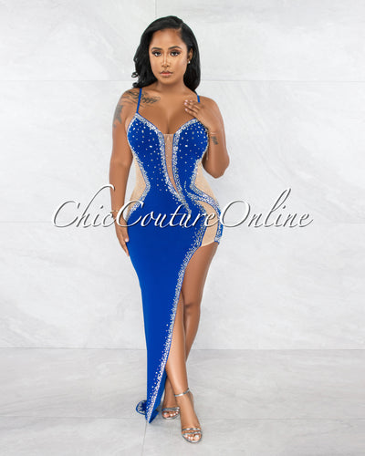 *Selene Royal Blue Nude Mesh Rhinestones Décor Side Slit Maxi Dress