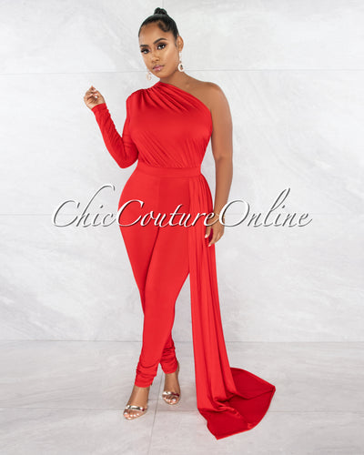 *Thayana Red Single Sleeve Train Jumpsuit Dress