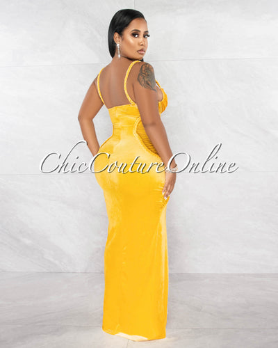 Eliam Yellow Velvet Mesh & Braids Details Front Slit Maxi Dress