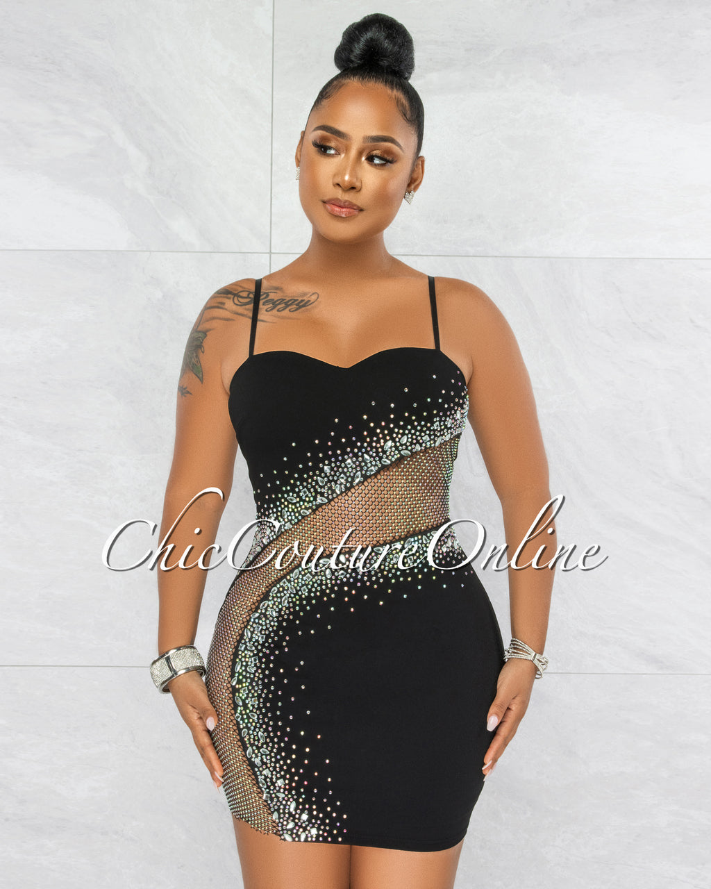 *Toraya Black Fishnet Accent Rhinestones Dress