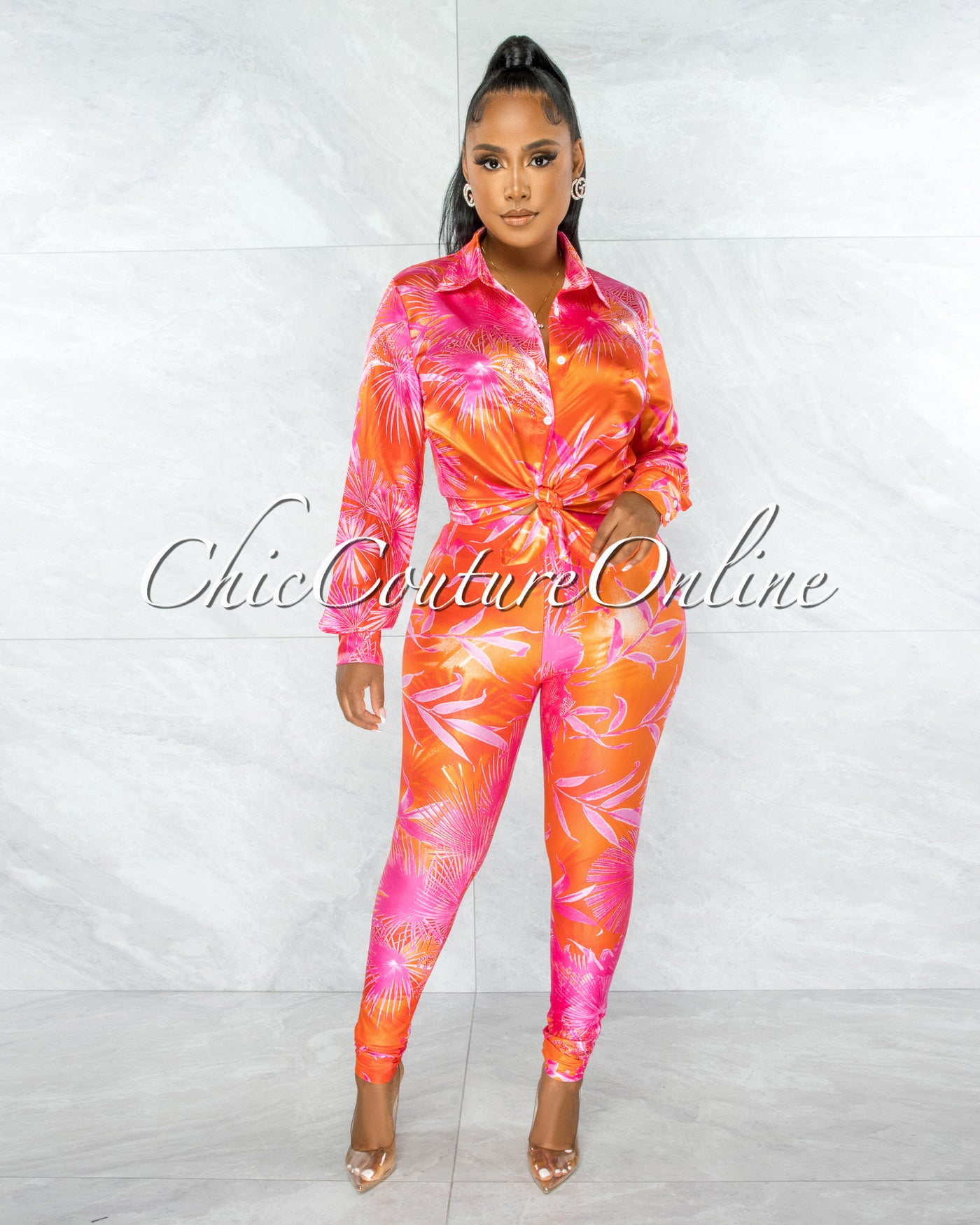 Dabney Orange Palm Print Satin Shirt & Leggings Set