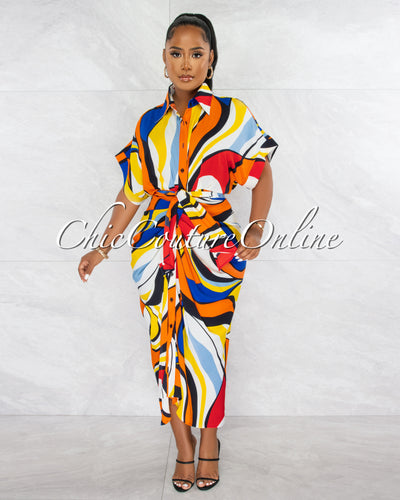 Angelie Multi-Color Print Draped Front Tie Shirt Maxi Dress