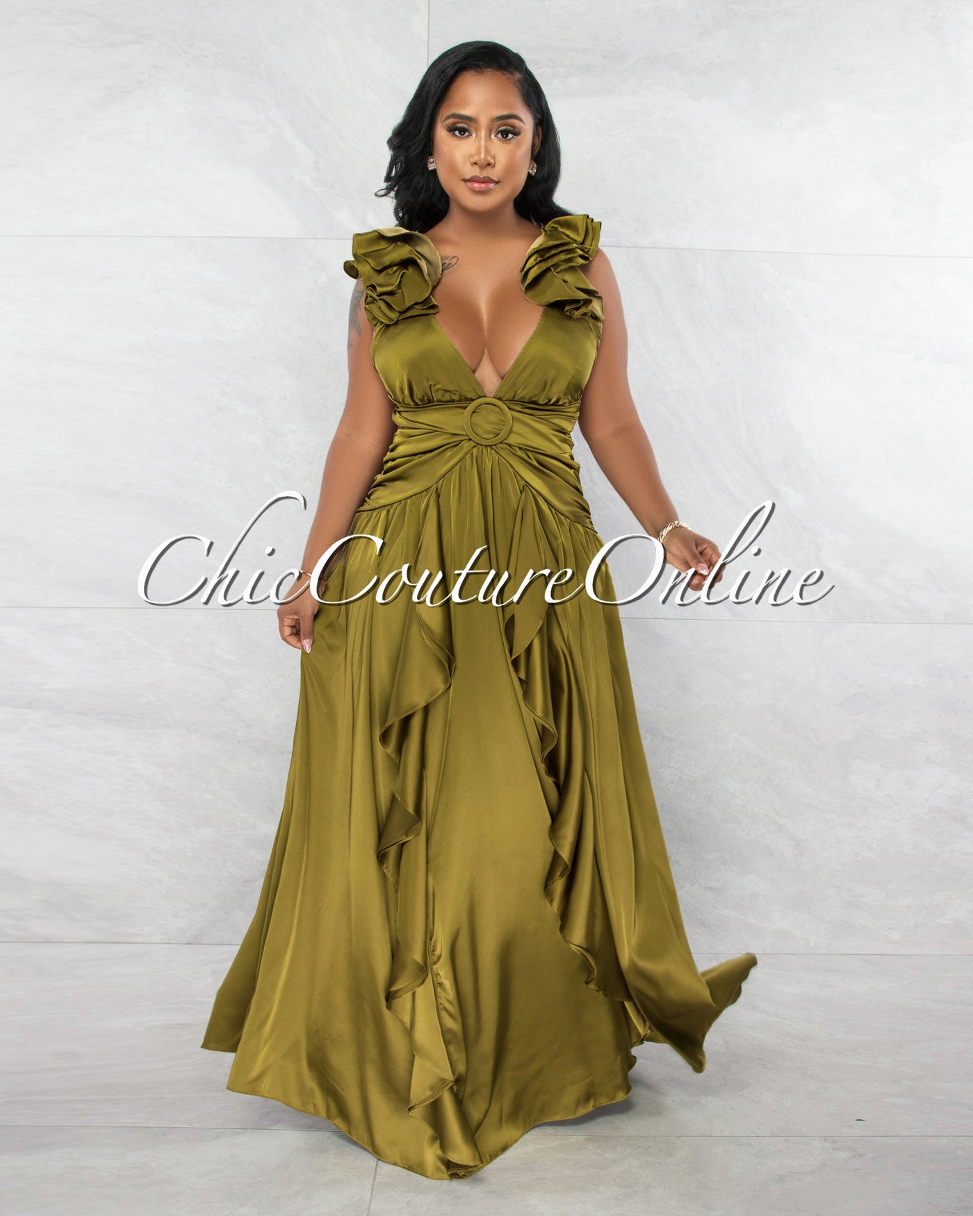 Noriah Olive Green Ruffle O-Ring Detail Silky Maxi Dress