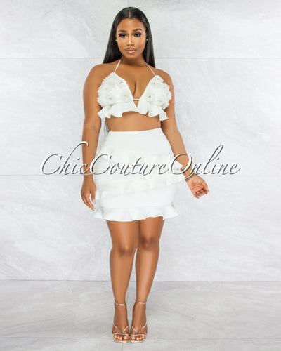 *Wagner Off-White Embroidery Crop Top & Ruffle Skirt Set