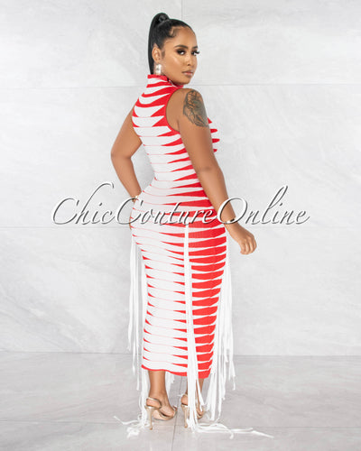 Chasia Red White Stripes Fringe Sides Bandage Midii Dress