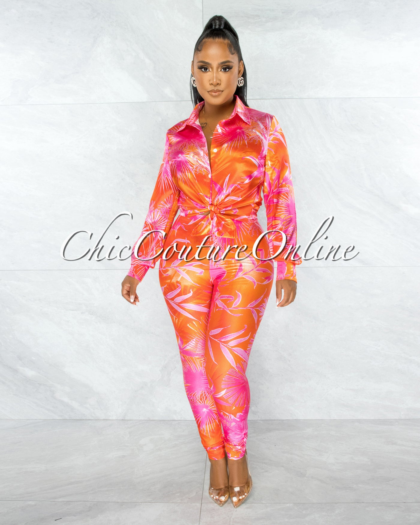 Dabney Orange Palm Print Satin Shirt & Leggings Set