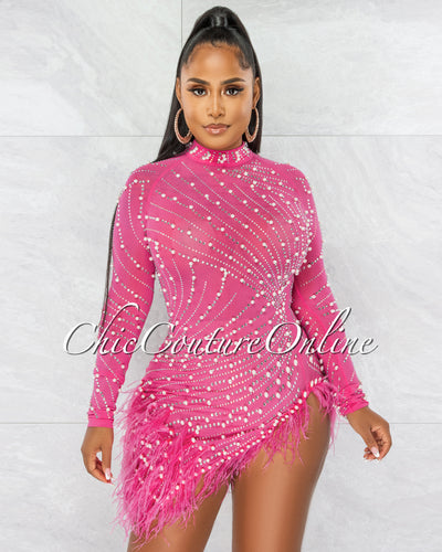 Rhesa Bubblegum Pink Rhinestones Pearls & Feathers Mesh Mini Dress