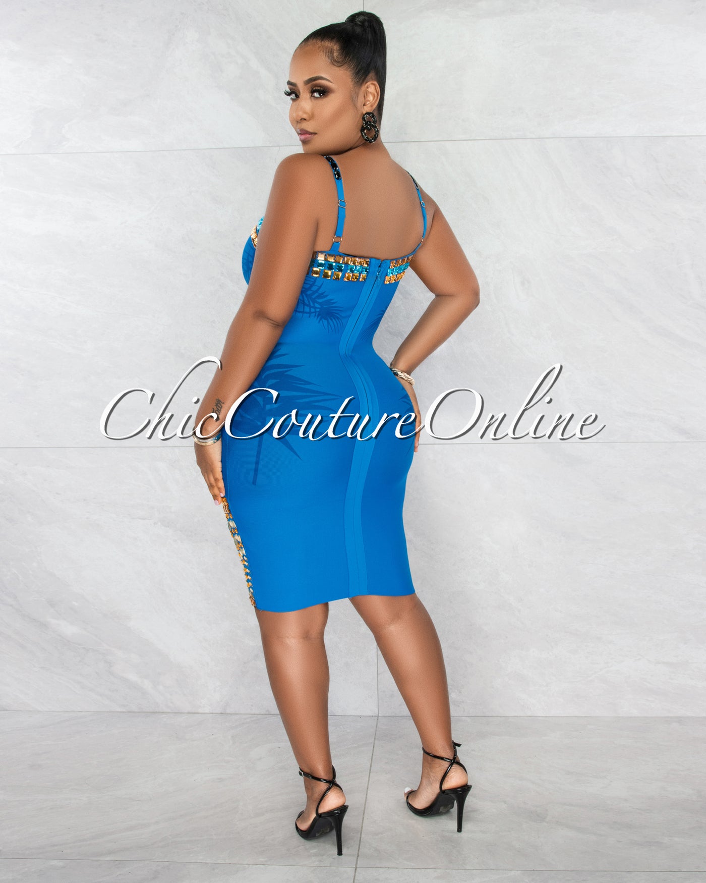 *Patrina Blue Multi-Color Rhinestones Bandage Dress