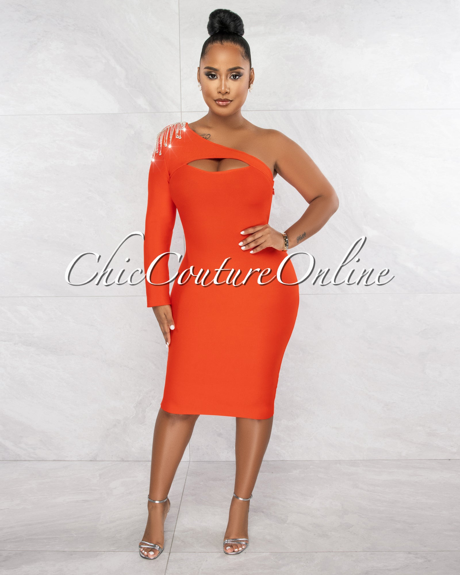 *Dauna Red Key-Hole Rhinestones Fringe Single Sleeve Bandage Dress