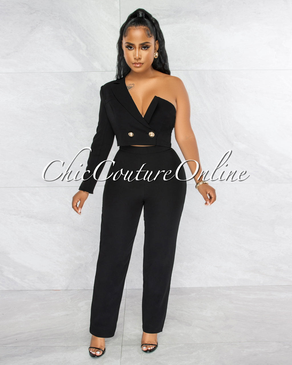 *Oksana Black Single Shoulder Crop Blazer & Wide Pants Set