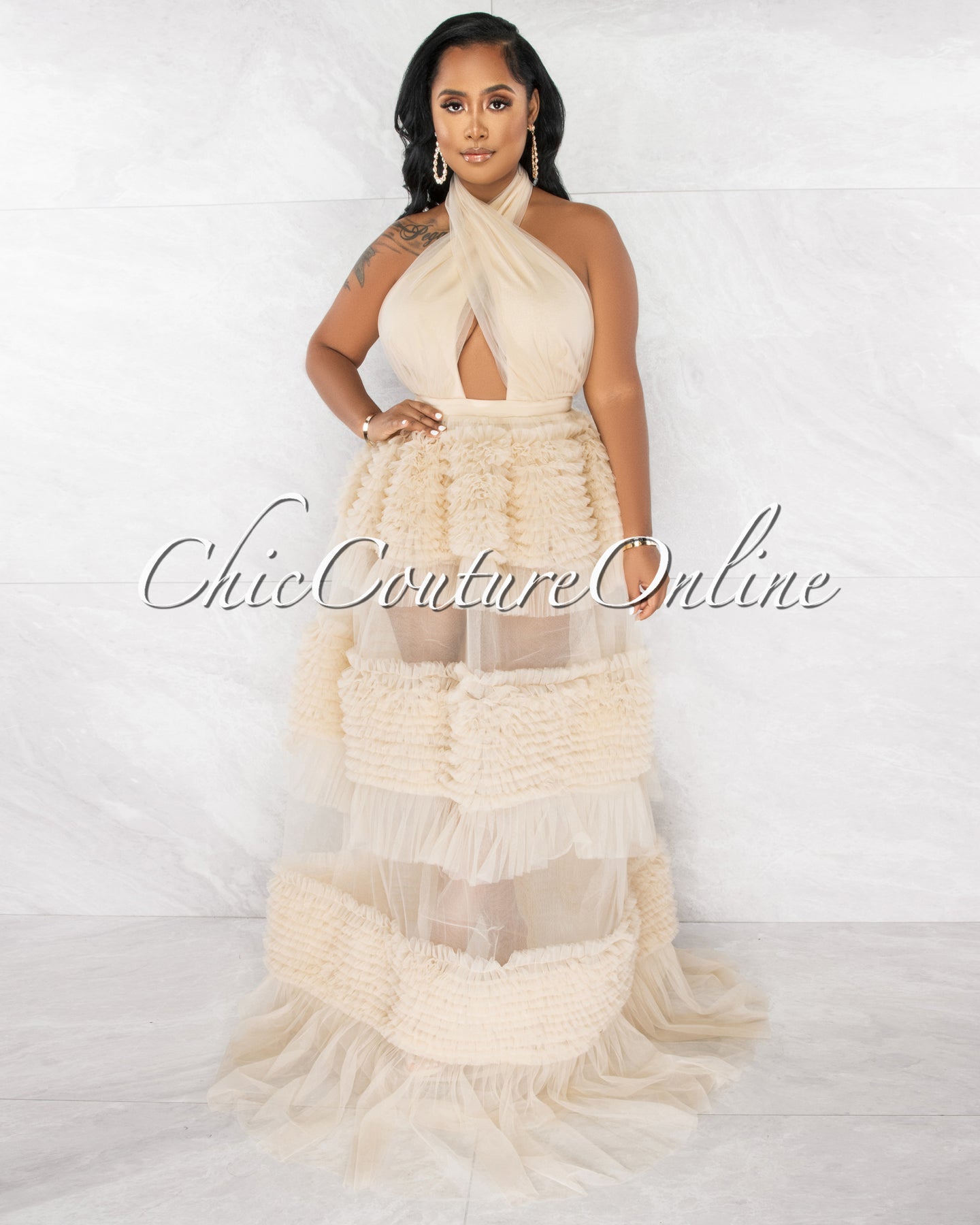 *Pleasant Nude Halter Tulle Ruffle Maxi Dress