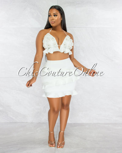 *Wagner Off-White Embroidery Crop Top & Ruffle Skirt Set