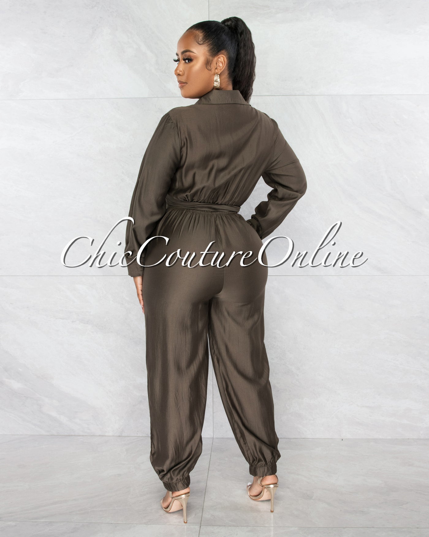*Yamilla Olive Green Front Tie Utility Jumpsuit