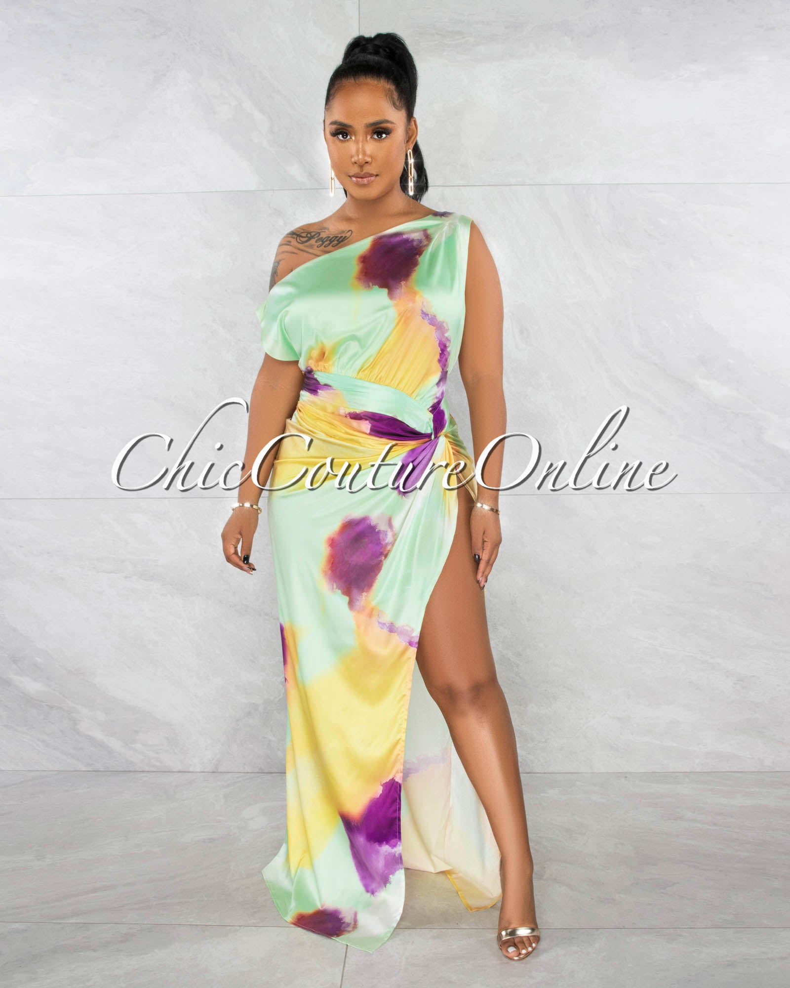 Tayanna Baby Green Watercolor Print High Slit Silky Maxi Dress