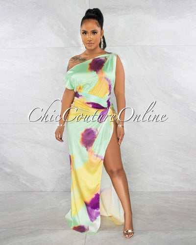 Tayanna Baby Green Watercolor Print High Slit Silky Maxi Dress