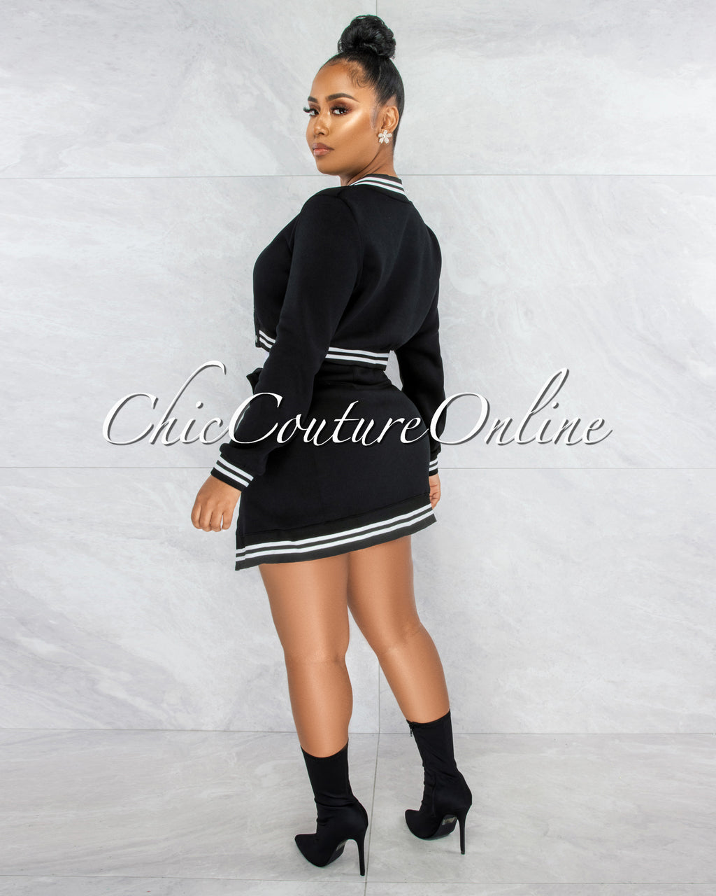 Raines Black White Varsity Jacket & Mini Skirt Set