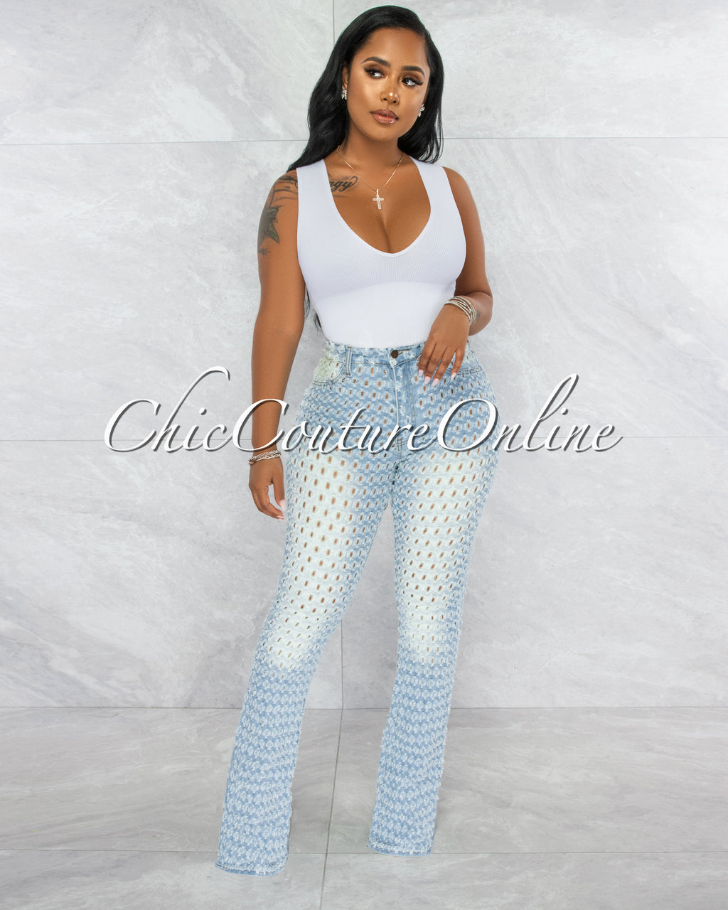 *Brian Light Denim Perforated Distressed Bell Legs Jeans