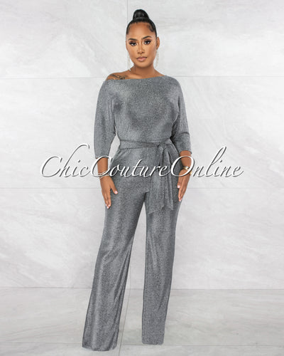 Ruby Black Silver Shimer Crop Top & Wide Pants Set