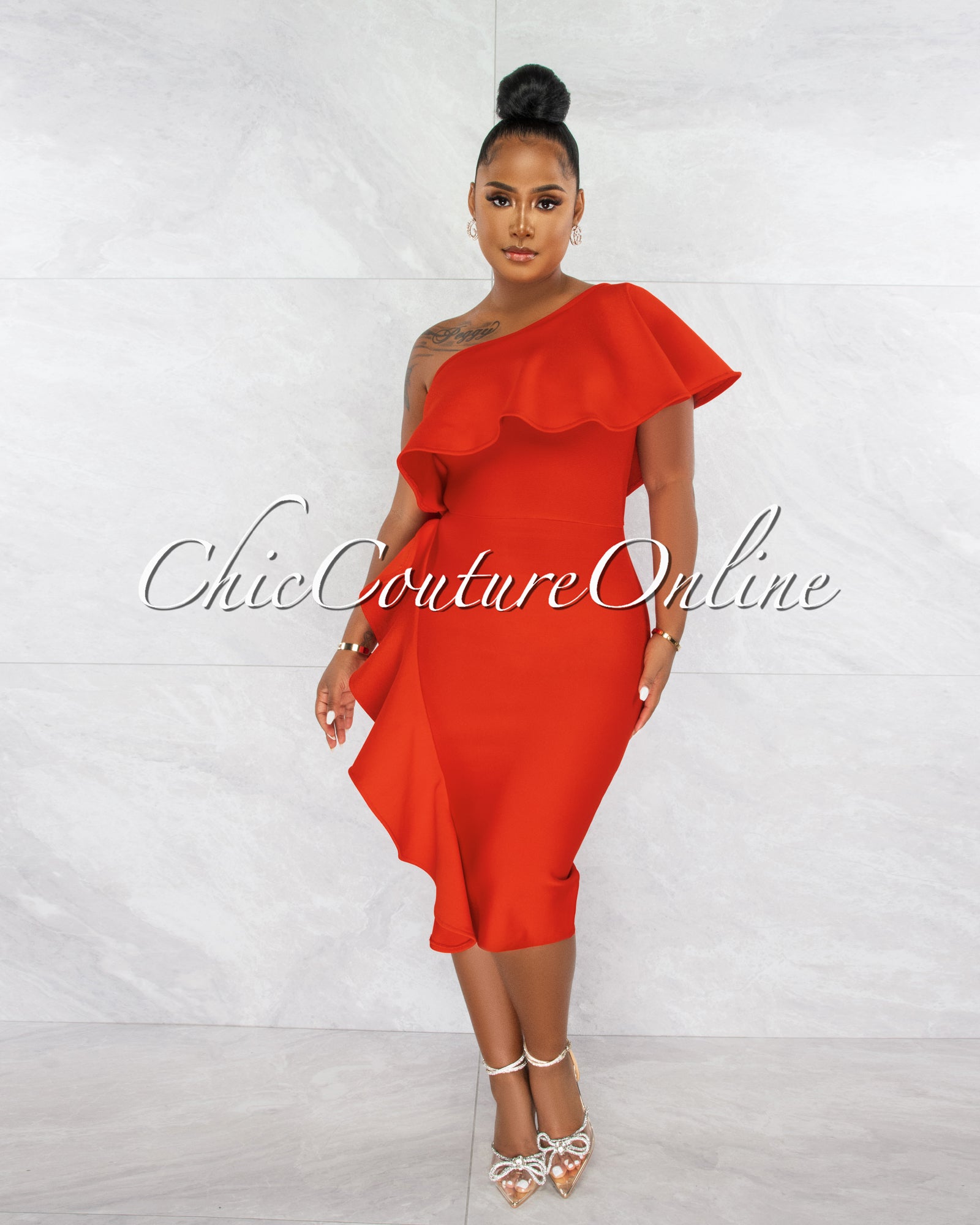 Annette Red Single Shoulder Ruffle Bandage Midi Dress – Chic Couture Online