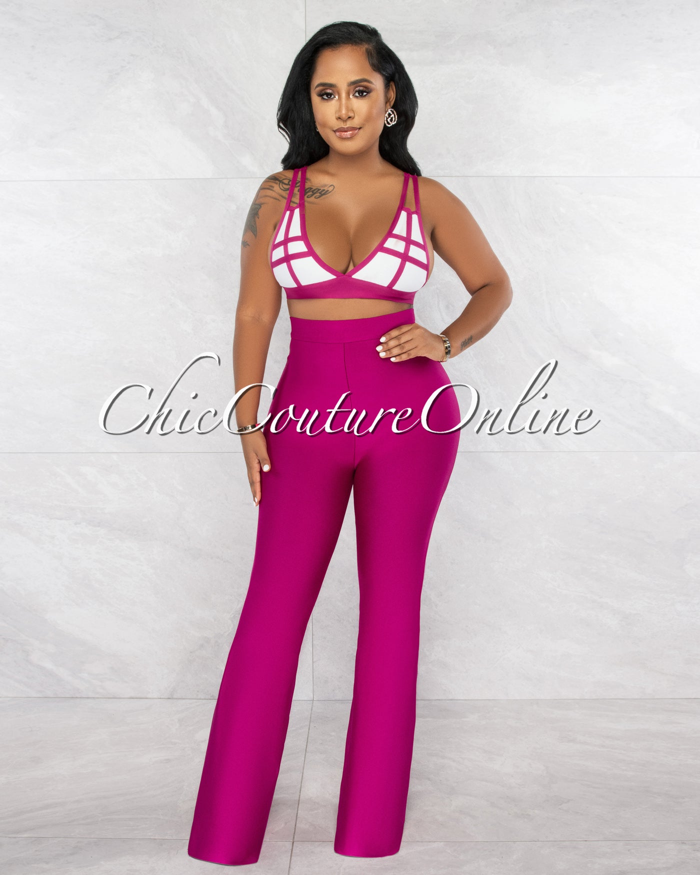 *Hiero Magenta White Crop Top & Bell Legs Pants Bandage Set