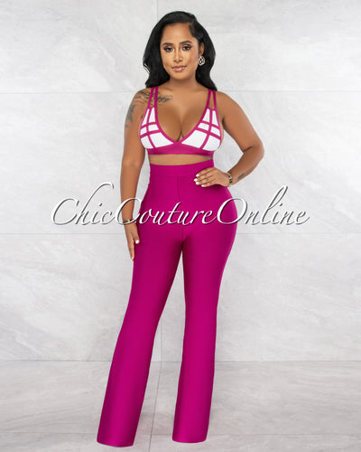 *Hiero Magenta White Crop Top & Bell Legs Pants Bandage Set