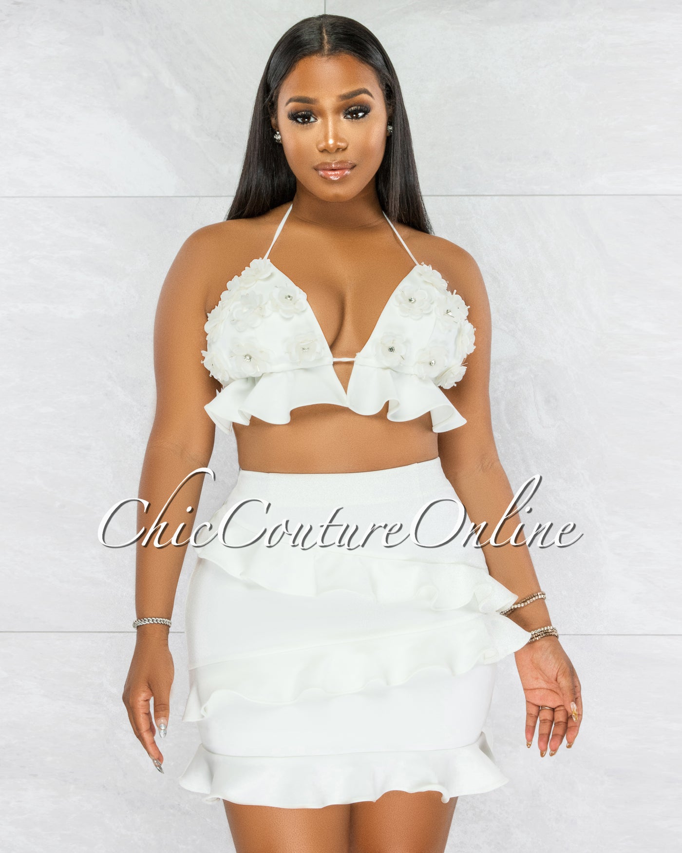 *Wagner Off-White Embroidery Crop Top & Ruffle Skirt Set