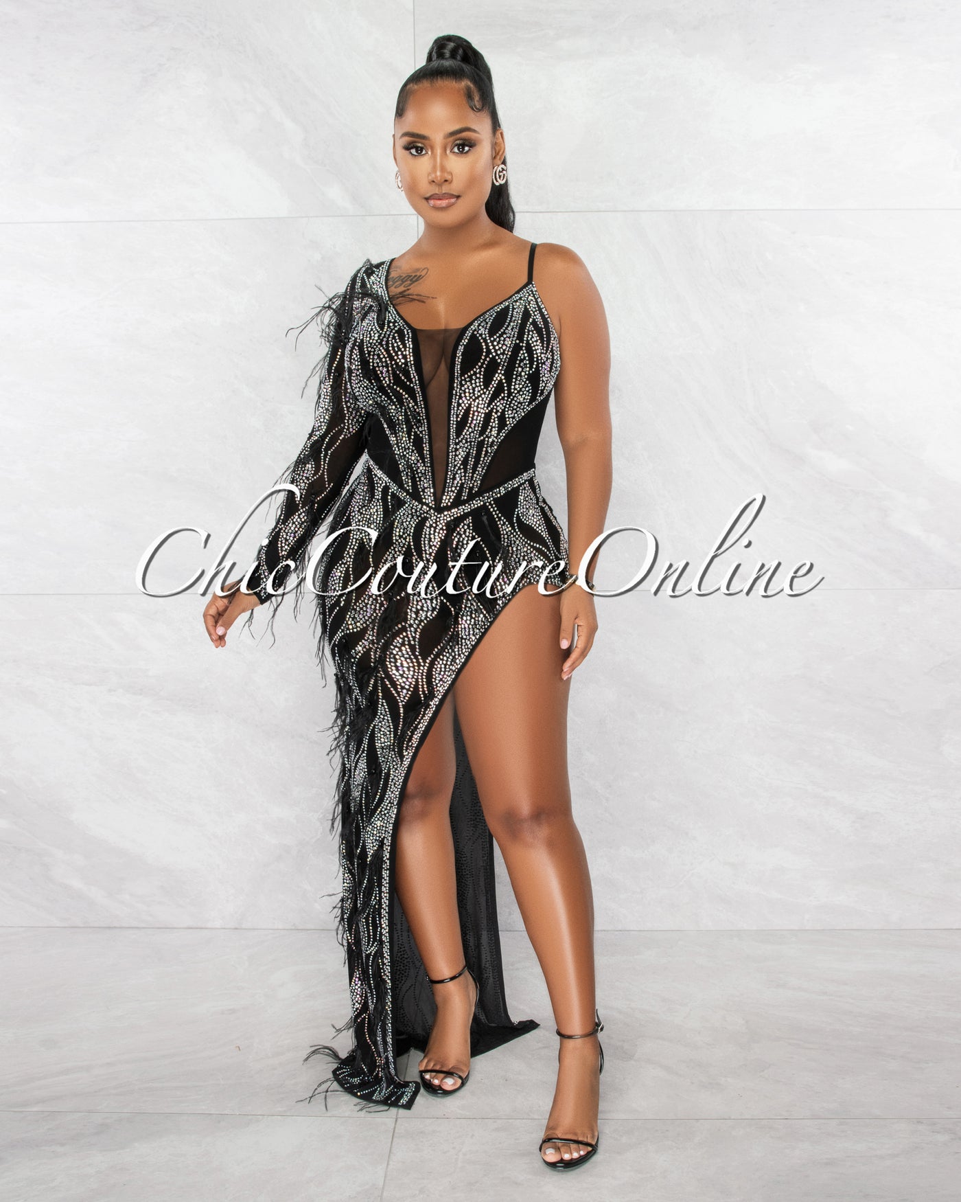 Ulger Black Rhinestones Feather Single Sleeve Maxi Bodysuit Dress