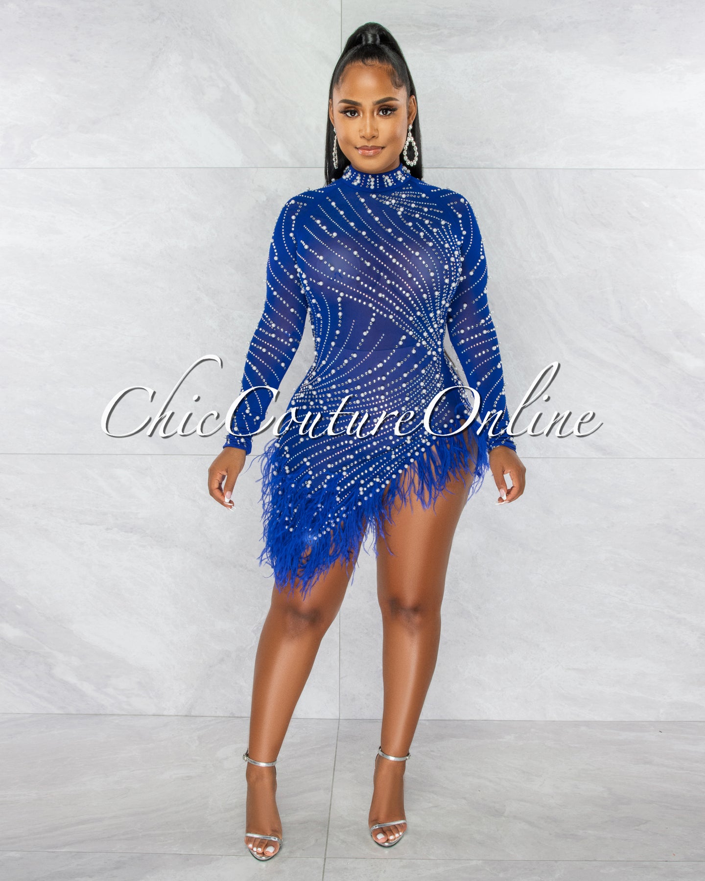 *Rhesa Royal-Blue Rhinestones Pearls & Feathers Mesh Mini Dress