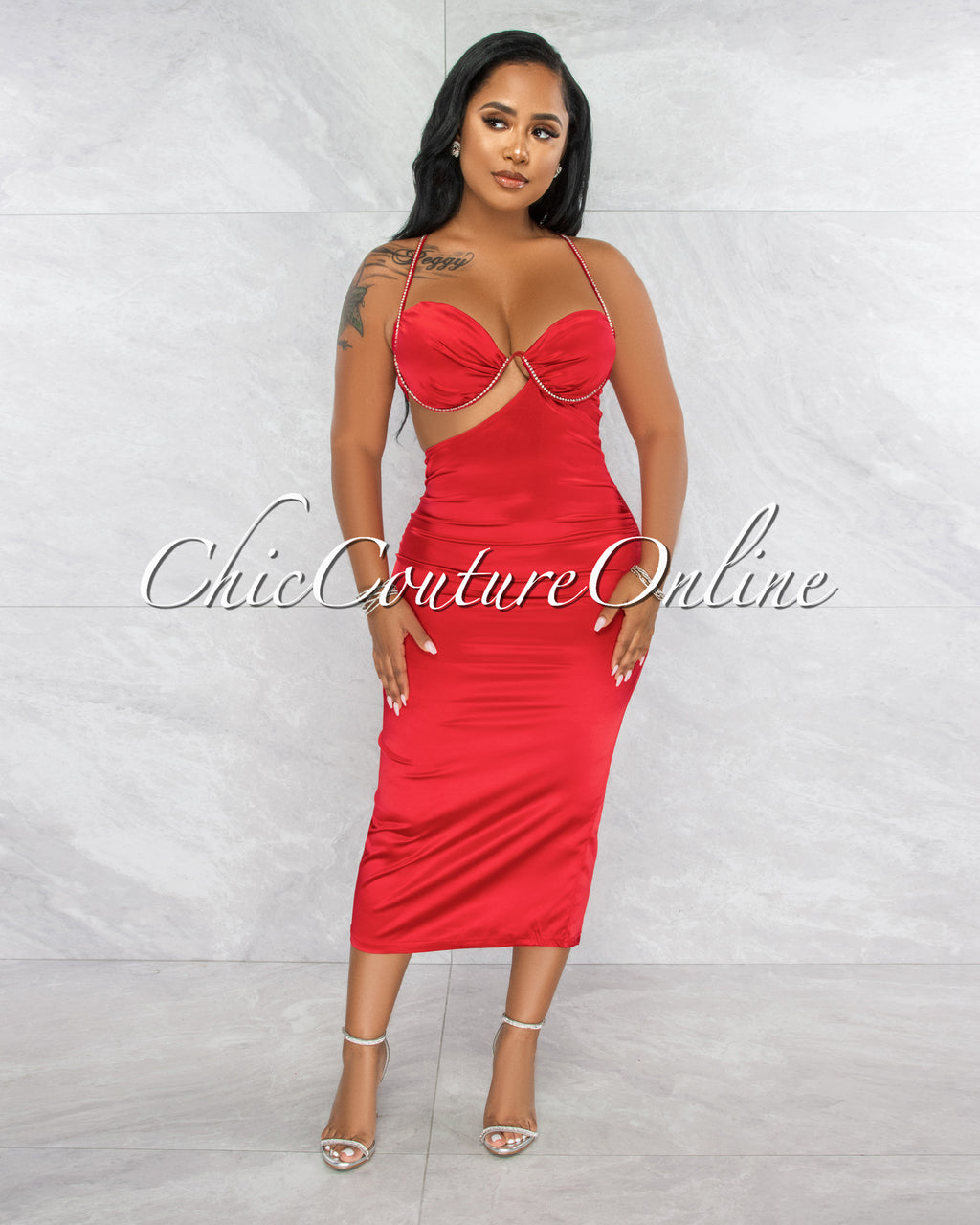 LaRue Red Rhinestones Bust Shimmer Midi Dress