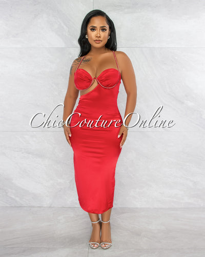 LaRue Red Rhinestones Bust Shimmer Midi Dress