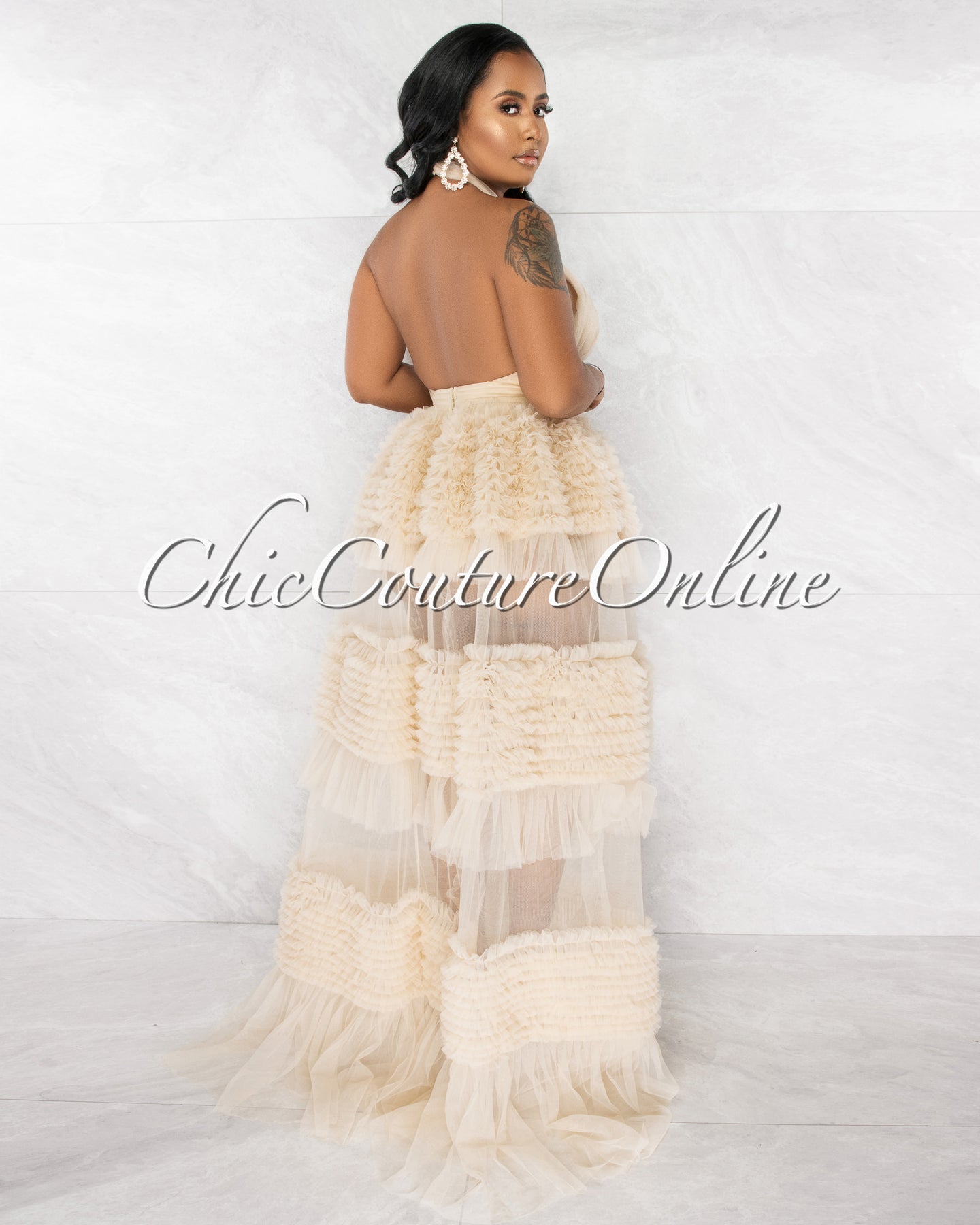 *Pleasant Nude Halter Tulle Ruffle Maxi Dress