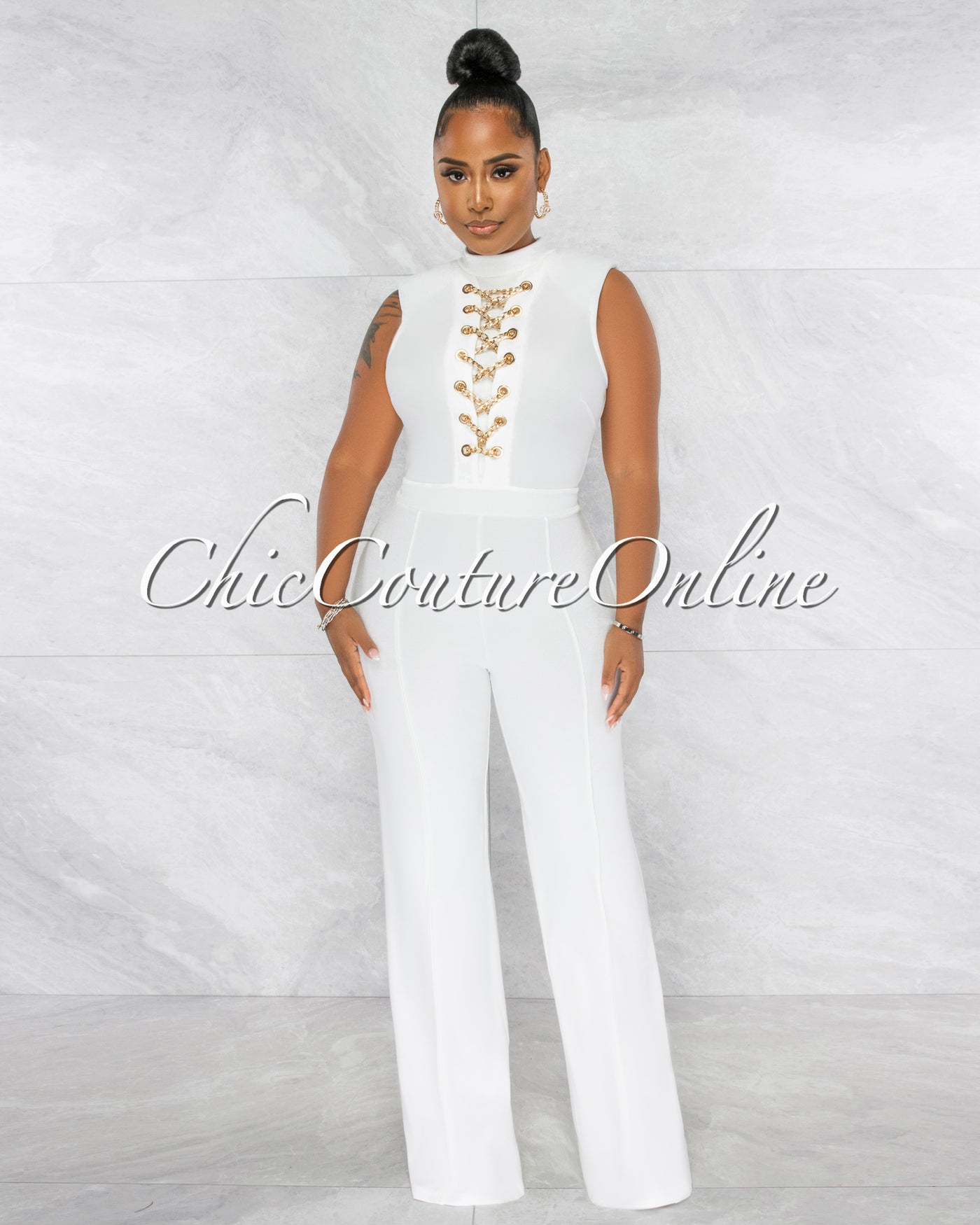 Brandy Off-White Gold Link Lace-Up Jumpsuit