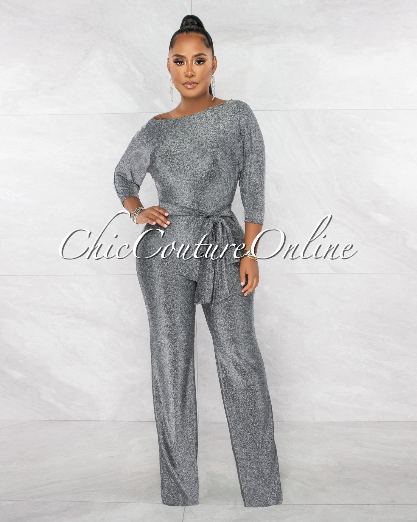 *Ruby Black Silver Shimer Crop Top & Wide Pants Set