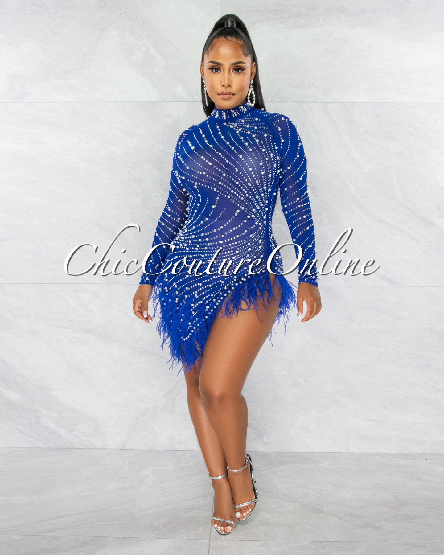 *Rhesa Royal-Blue Rhinestones Pearls & Feathers Mesh Mini Dress